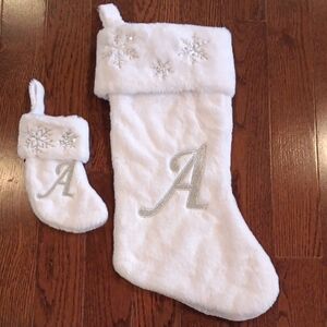 White Christmas Stockings with Silver Snowflakes and Initial 'A'